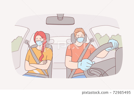 Traveling, using taxi, wearing face mask during COVID-19 pandemic Traveling, using taxi, wearing face mask during COVID-19 pandemic 72985495