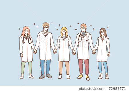 Doctors teamwork, uniting efforts against COVID-19 pandemic concept 72985771