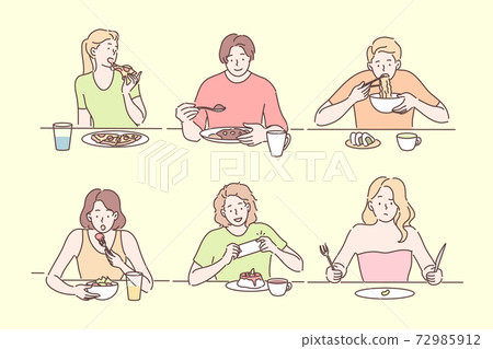 People eating different food set concept People eating different food set concept 72985912