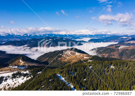 Morning in the mountains. Carpathian Ukraine, Aerial view. Morning in the mountains. Carpathian Ukraine, Aerial view. 72986887