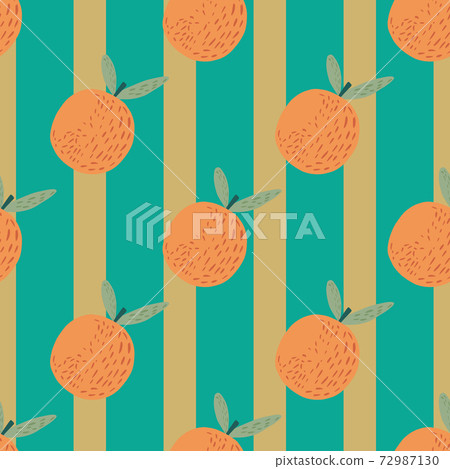Creative seamless pattern with doodle orange mandarins print. Striped background with beige and blue lines. Creative seamless pattern with doodle orange mandarins print. Striped background with beige and blue lines. 72987130