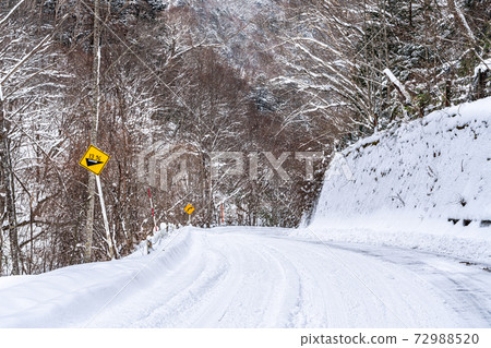 [Winter drive image] Mountain road on a snow-packed road 72988520