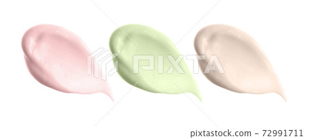 Different cream smears swatches smudges isolated. Cosmetic sunscreen, bb cc cream samples collection. Beauty skin care product drops variety. 72991711