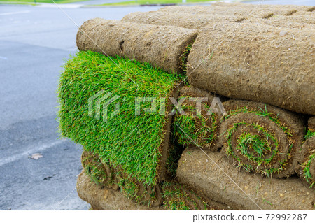 Modern lawn planting technologies in landscape design roll grass close up, Modern lawn planting technologies in landscape design roll grass close up, 72992287