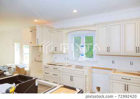 Home improvement kitchen view installed in a new kitchen cabinet 72992420