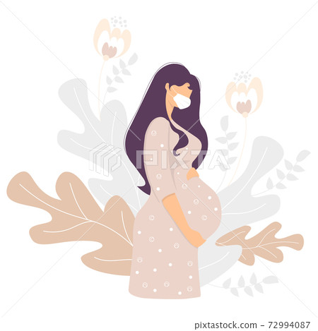 Motherhood. Happy pregnant woman in a medical mask gently hugs her belly with her hands, on a background with a decor of delicate plants and flowers. Vector Motherhood. Happy pregnant woman in a medical mask gently hugs her belly with her hands, on a background with a decor of delicate plants and flowers. Vector 72994087