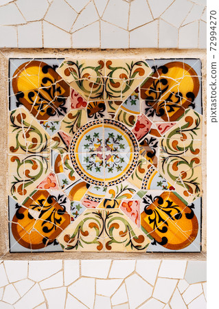 Close-up Mosaic Antonio Gaudi in the Park Guell, Barcelona Close-up Mosaic Antonio Gaudi in the Park Guell, Barcelona 72994270