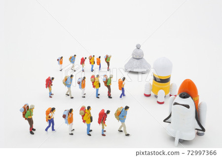 Travelers lining up to board each spaceship Travelers lining up to board each spaceship 72997366