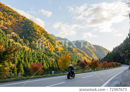 在面對秋山的道路上運行的自行車 72997673