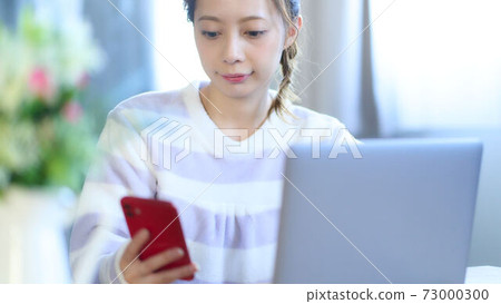 Young woman operating a personal computer in the room Young woman operating a personal computer in the room 73000300