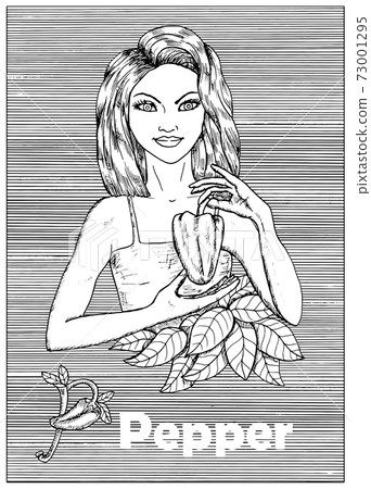 Young beautiful woman holding pepper vegetable over striped background. Hand drawn black and white vector illustration, engraved and vertical, healthy eating, vegan and vegetarian concept.  73001295