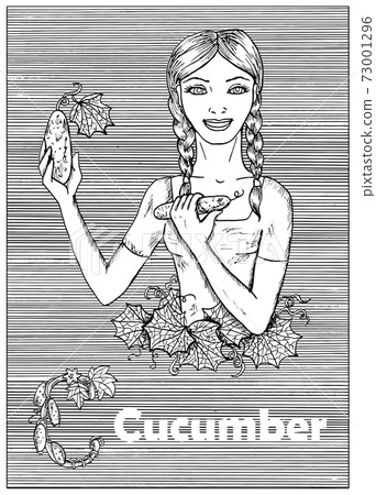 Young beautiful woman holding cucumber vegetable over striped background. Hand drawn black and white vector illustration, engraved and vertical, healthy eating, vegan and vegetarian concept.  73001296