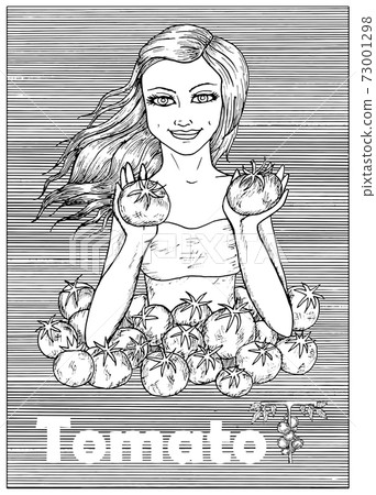 Young beautiful woman holding tomato vegetable over striped background. Hand drawn black and white vector illustration, engraved and vertical, healthy eating, vegan and vegetarian concept.  73001298