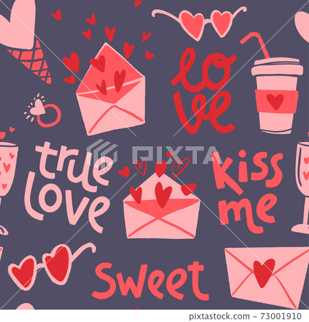 Valentine's Day seamless pattern. Flat hand drawn love elements on a dark isolated background. 73001910