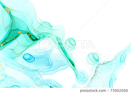 Chaotically splattered blue and green transparent ink drops on white background. Abstract watercolor texture with gold parts. 73002088