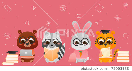 Educational web banner with cute animal character reading books and studying,e-learning concept for preschoolers 73003588