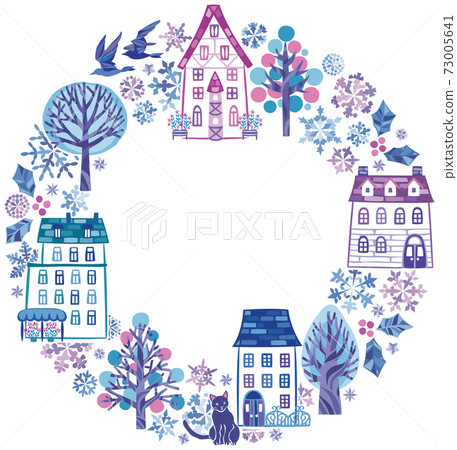 冬季下雪的城市景觀，房子①的圓形框架 73005641