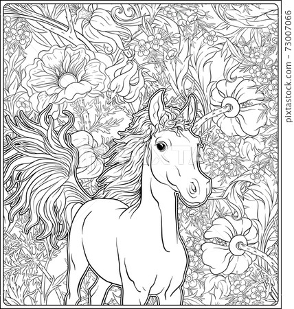 Horse and Flowers. Outline vector illustration. - Stock Illustration ...