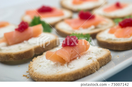 Closeup of appetizers toast with salmon and cheese in a white plate Closeup of appetizers toast with salmon and cheese in a white plate 73007142