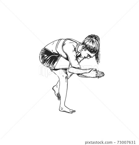 Young woman in balance pose yoga, hand drawn art of black. Yoga vector illustration 73007631