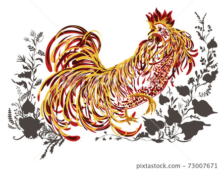 Vector art illustration of rooster, red cock decorated with floral patterns isolated on white background. Vector 73007671