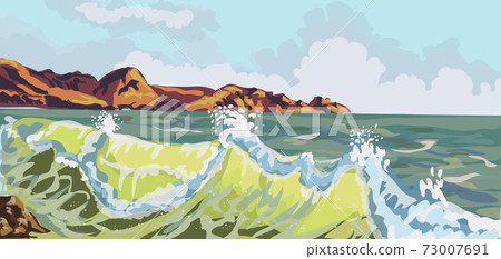 Realistic seascape. Surf close-up, big wave. Mountain Beach in the storm. Summer background - Vector Realistic seascape. Surf close-up, big wave. Mountain Beach in the storm. Summer background - Vector 73007691