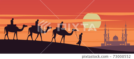caravan Muslim ride camel to mosque of Dubai on sunset time,the tradition of Arabian,silhouette design caravan Muslim ride camel to mosque of Dubai on sunset time,the tradition of Arabian,silhouette design 73008552