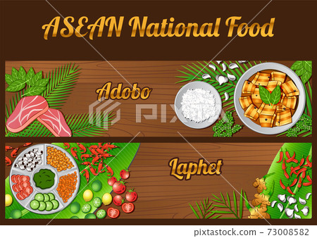 Asean National food ingredients elements set banner on wooden background,Myanmar and Philippines 73008582