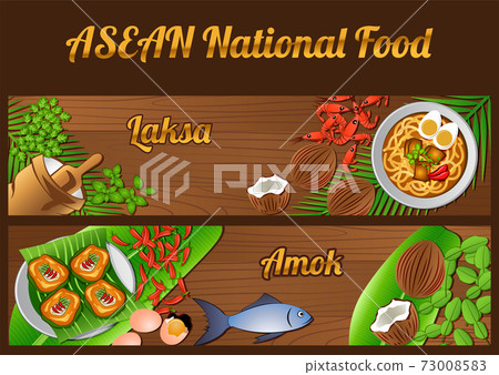 Asean National food ingredients elements set banner on wooden background,Singapore and Cambodia 73008583
