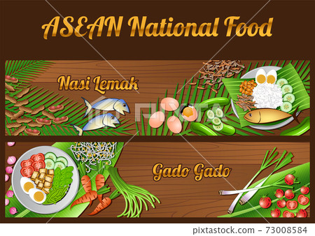 Asean National food ingredients elements set banner on wooden background,Malaysia and Indonesia 73008584