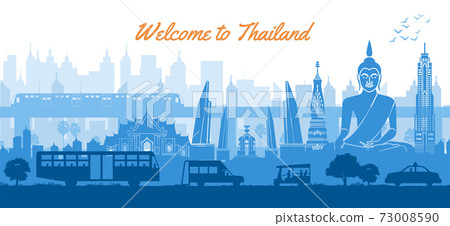 Thailand famous landmark in scenery design blue color silhouette design Thailand famous landmark in scenery design blue color silhouette design 73008590