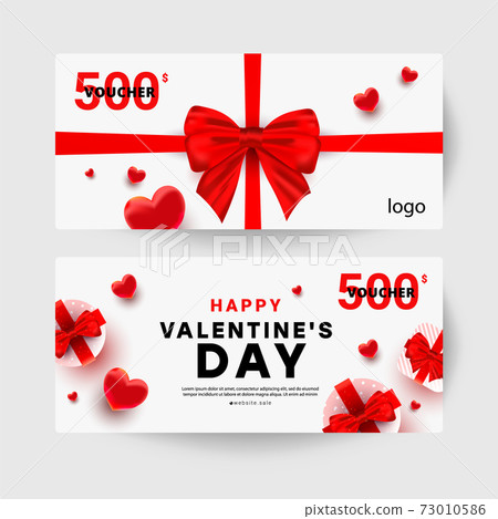Gift certificate with realistic surprise gift boxes, love shape decor. Discount gift card template. Valentines day sale card. Vector illustration. Coupon promotion sale collection 73010586