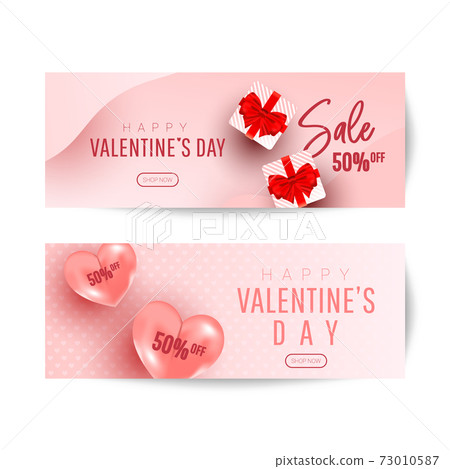Happy Valentine's Day Romantic creative banners set with realistic 3d bauble love shape, red gift and text on pink background. Design template for advertising, web, social media. 73010587