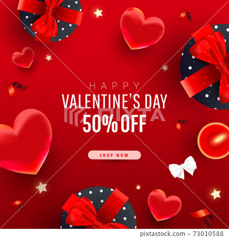 Valentine's Day sale promo banner. 3d realistic flying hearts, gift boxes, bow, ribbons and calligraphy words text on red background 73010588