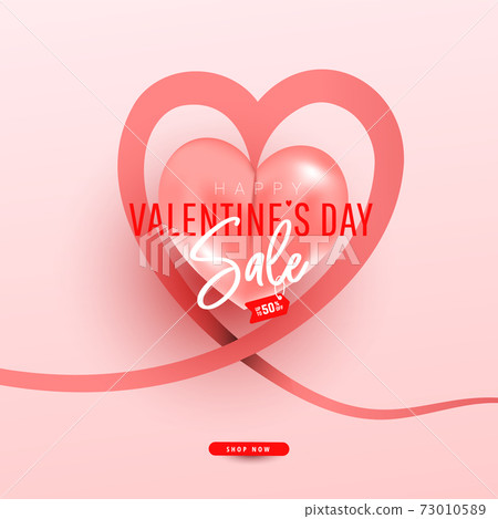 Pastel pink composition with line ribbon, air heart shaped element and text banner template. Happy Valentine day 73010589