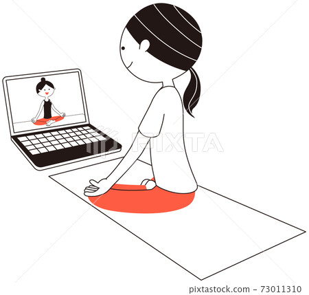 A woman posing as a ska asana while taking an online yoga lesson on her laptop A woman posing as a ska asana while taking an online yoga lesson on her laptop 73011310