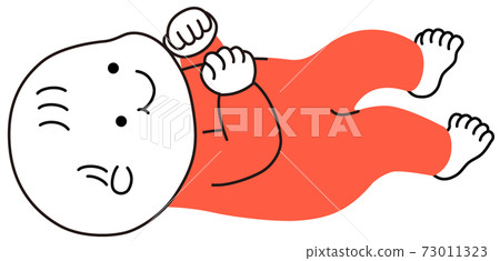 嬰兒躺在他的背上,穿著紅色嬰兒衣服 嬰兒躺在他的背上,穿著紅色嬰兒衣服 73011323