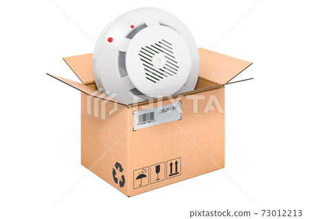 Fire and flame detector inside cardboard box, delivery concept. 3D rendering 73012213