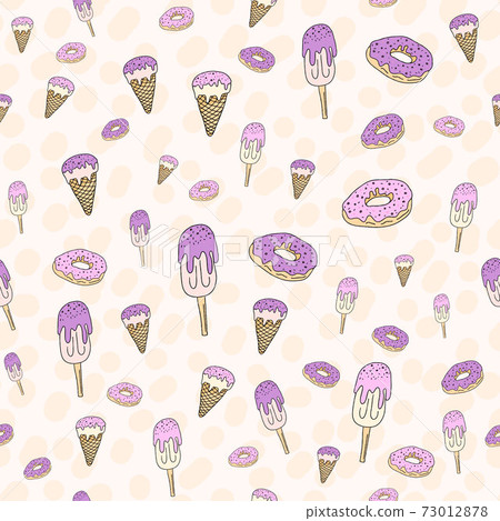 seamless pattern set, cartoon hand-drawn sweets donuts and ice cream, delicate pastel pink beige lilac colors. patterns for printing packaging wrapping banners textiles fabrics seamless pattern set, cartoon hand-drawn sweets donuts and ice cream, delicate pastel pink beige lilac colors. patterns for printing packaging wrapping banners textiles fabrics 73012878