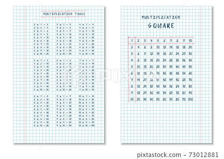 set of hand drawn multiplication table and multiplication square on checkered notebook sheets. vector illustration for printing on children's textbooks, posters, cards. educational materials for set of hand drawn multiplication table and multiplication square on checkered notebook sheets. vector illustration for printing on children's textbooks, posters, cards. educational materials for 73012881