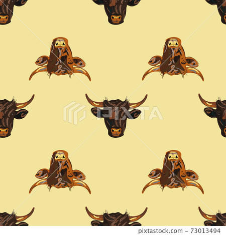 Head bull or cow hand drawn paintbrush isolated seamless pattern on yellow background. Vector Head bull or cow hand drawn paintbrush isolated seamless pattern on yellow background. Vector 73013494