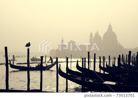 Romantic Italian city of Venice, a World Heritage Site: traditional Venetian wooden boats, gondolier and Roman Catholic church Basilica di Santa Maria della Salute in the misty background 73013701