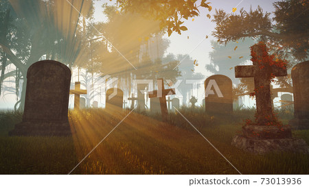 Old abandoned graveyard at autumn sunset 3D 73013936