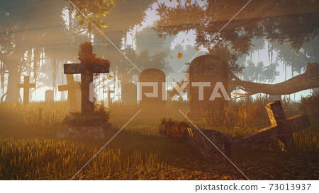 Old tombstones at graveyard at sunset rays 3D Old tombstones at graveyard at sunset rays 3D 73013937