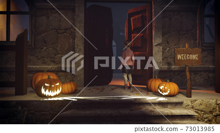 Little girl on the porch of haunted house at night Little girl on the porch of haunted house at night 73013985
