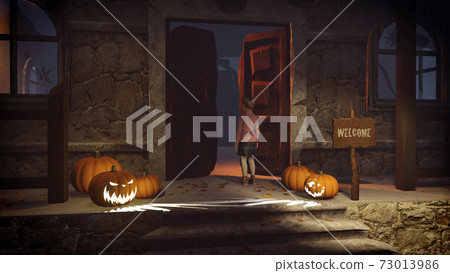 Little girl on the porch of spooky house at dusk 73013986