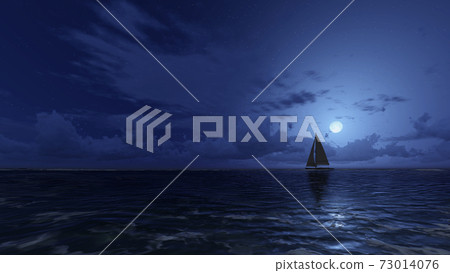 Sailboat in ocean under night sky with half moon Sailboat in ocean under night sky with half moon 73014076