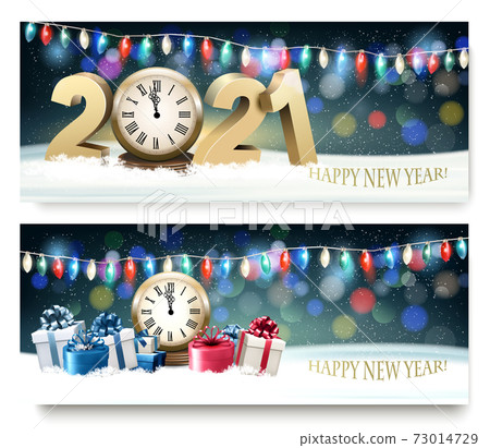 Happy New Year banners with presents and fireworks. Vector. 73014729
