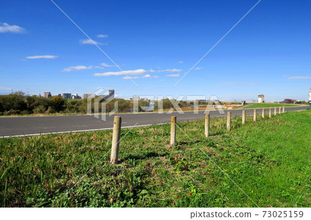 在秋天的早晨,在成堆的江戶河兩岸的自行車道風光 在秋天的早晨,在成堆的江戶河兩岸的自行車道風光 73025159