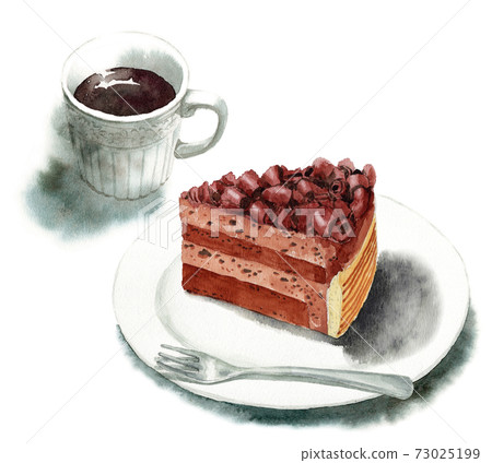 Analog watercolor chocolate cake and coffee 73025199